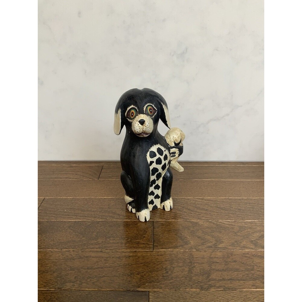 Bobbo Wood Hand Carved Dog Holding Puppy Folk Art